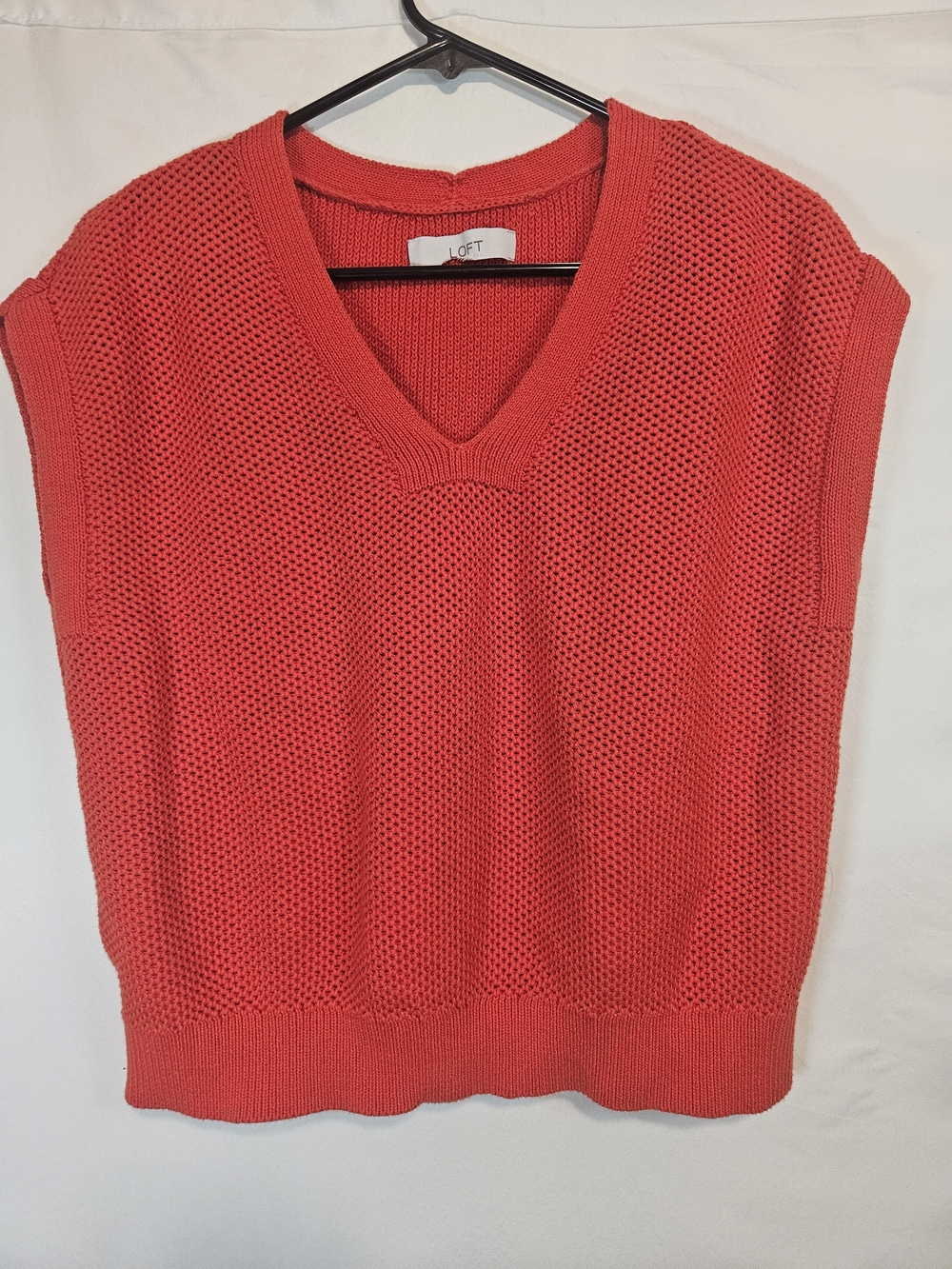 LOFT Coral-Red V-Neck Open Knit Sleeveless Sweater Vest